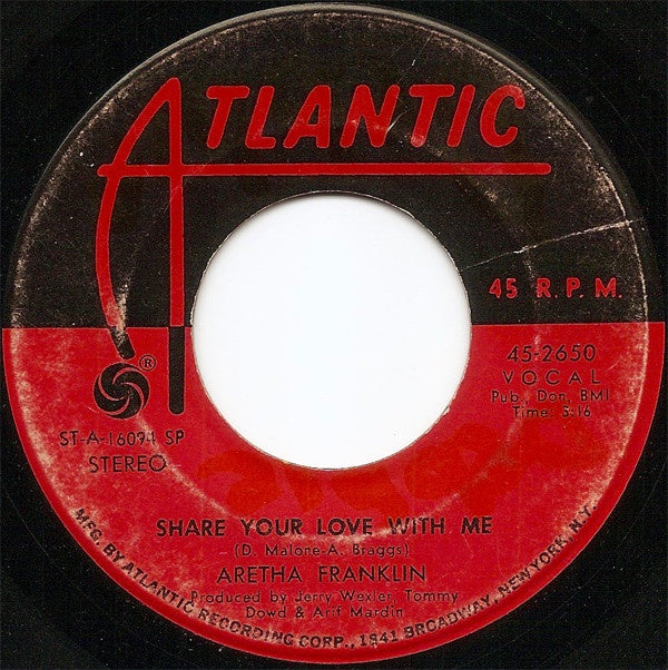 Aretha Franklin ‎- Share Your Love With Me - VG+ 7" Single 45 RPM 1969 USA - Funk / Soul