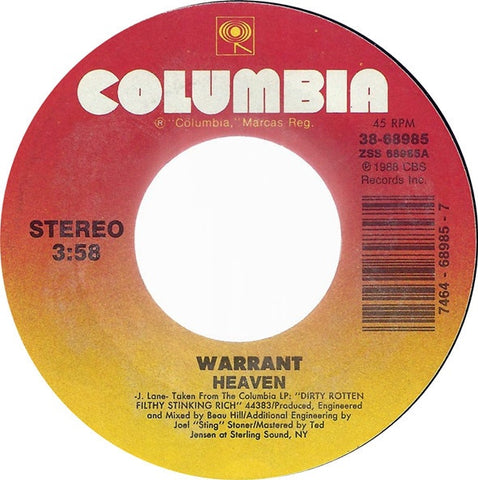 Warrant - Heaven / In The Sticks - VG+ 7" Single 45RPM 1989 Columbia USA - Rock