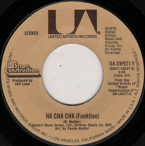 Brass Construction ‎– Ha Cha Cha (Funktion) / Sambo (Conditions) - VG+ 7" Single 45rpm 1976 United Artists USA - Funk / Disco