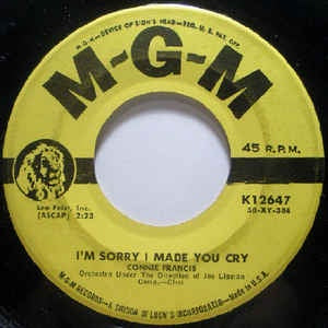 Connie Francis- I'm Sorry I MAde You Cry / Lock Up Your Heart- VG+ 7" Single 45RPM- 1958 MGM USA- Rock/Pop