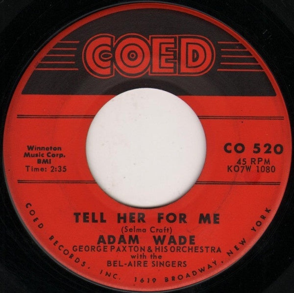 Adam Wade – Tell Her For Me / Don't Cry, My Love VG+ 7" Single 45rpm 1959 Coed USA - Pop - Shuga Records