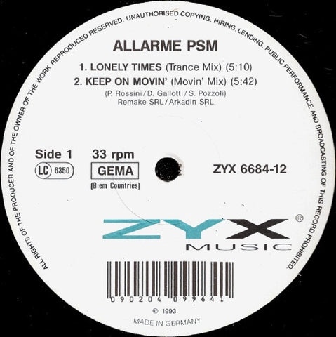 Allarme PSM ‎– Lonely Times / Keep On Movin' / Unchained Melody - Mint- 12" Single Record 1993 German Import Vinyl - Trance