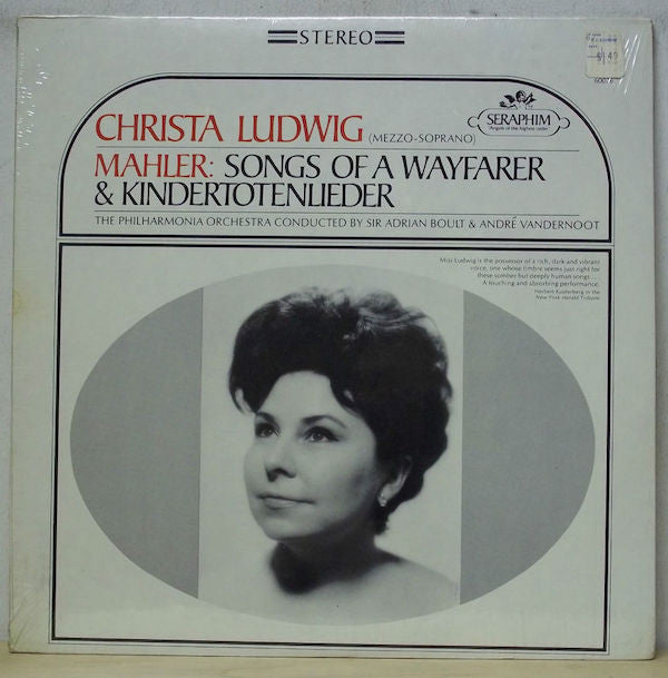 Mahler / Christa Ludwig, Philharmonia Orchestra, Sir Adrian Boult, André Vandernoot ‎– Songs Of A Wayfarer & Kindertotenlieder MINT- Seraphim Stereo Reissue LP (with Book) USA - Classical