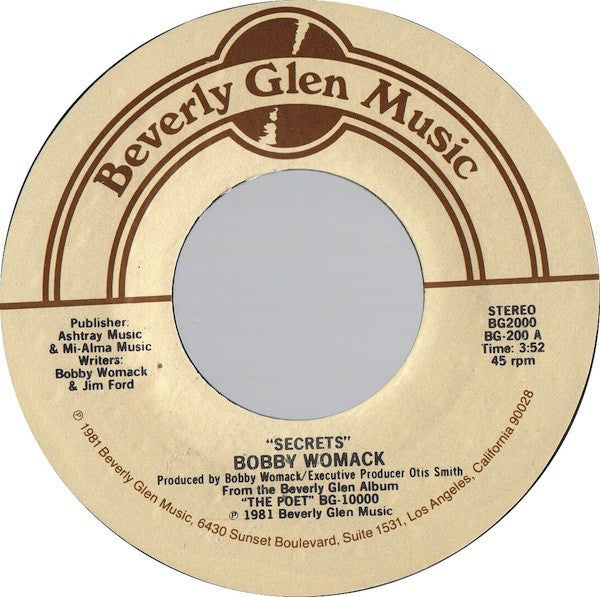 Bobby Womack ‎– Secrets / If You Think You're Lonely Now - VG+ 45rpm 1981 USA Beverly Glen Music Records - Funk / Soul - Shuga Records