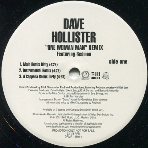 Dave Hollister Featuring Redman ‎– One Woman Man (Remix) - M- 12" Promo Single 2001 DreamWorks US - Hip Hop / R&B