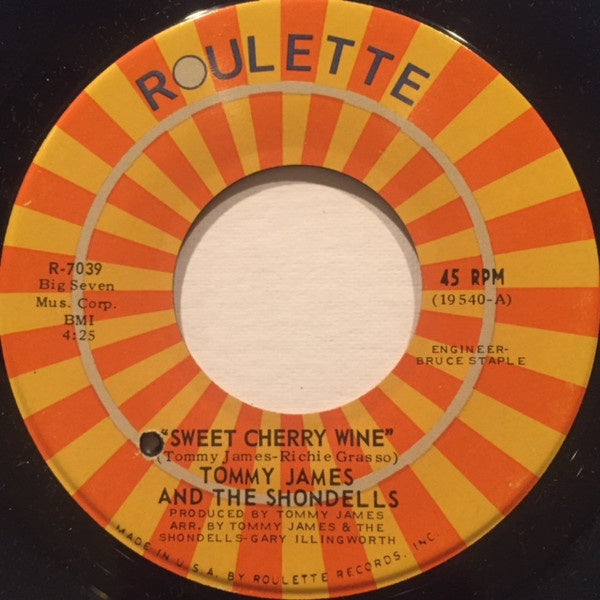 Tommy James And The Shondells ‎– Sweet Cherry Wine / Breakaway - VG+ 45rpm 1969 USA Roulette Records - Rock / Pop - Shuga Records