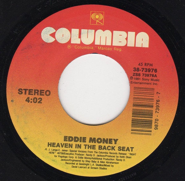 Eddie Money- Heaven In The Backseat / Fire And Water- VG+ 7" Single 45RPM- 1991 Columbia USA- Rock