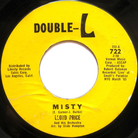 Lloyd Price And His Orchestra ‎– Misty / Cry On VG 7" Single 45 rpm 1963 Double-L Records USA - R&B / Soul