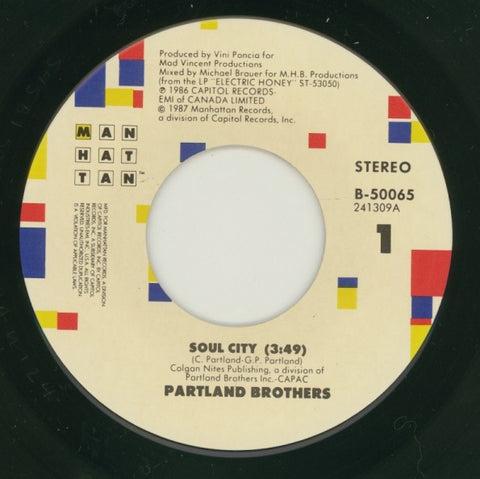 The Partland Brothers ‎– Soul City / Outside The City VG+ 1986 Manhattan Records 7" Single (Stereo) - Pop Rock