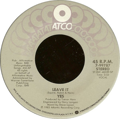 Yes ‎- Leave It - Mint- 7" 45 Single Stereo 1984 USA - Progressive Rock