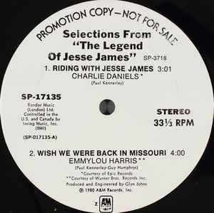 Various ‎– Selections From "The Legend Of Jesse James" - Mint- 12" Single Record - 1980 A&M Vinyl - Country - Shuga Records
