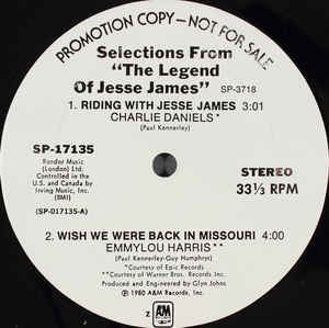 Various ‎– Selections From "The Legend Of Jesse James" - Mint- 12" Single Record - 1980 A&M Vinyl - Country