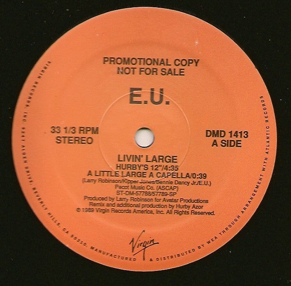E.U. ‎– Livin' Large - Mint- 12" Single Promo 1989 USA - Gogo / Funk - Shuga Records