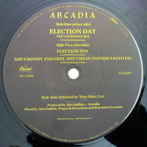 Arcadia - Election Day (The Consensus Mix) VG+ - 12" Single 1985 Capitol USA - Synth-Pop