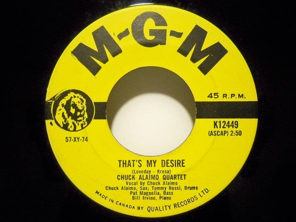 Chuck Alaimo Quartet ‎– That's My Desire / Leap Frog - VG+ 45rpm USA MGM Records - Rock