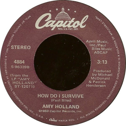 Amy Holland- How Do I Survive / Don't Kid Yourself- VG+ 7" Single 45RPM- 1980 Capitol Records USA- Funk/Soul/Disco