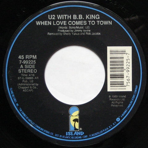 U2 with B.B. King ‎– When Love Comes To Town / Dancing Barefoot VG+ 7" Single 45 rpm 1989 Island USA - Blues Rock