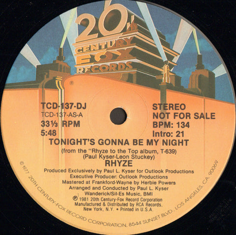 Rhyze - Tonight's Gonna Be My Night Mint- - 12" Single 1981 20th Century Fox USA Promo - Disco