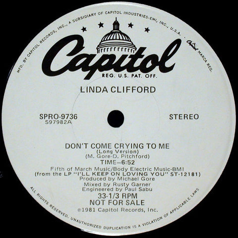 Linda Clifford ‎– Don't Come Crying To Me - VG+ 12" Single White Label Promo 1981 USA - Disco