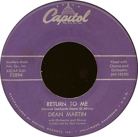 Dean Martin ‎– Return To Me  / Forgetting You VG 7" Single 1958 Capitol Records - Jazz