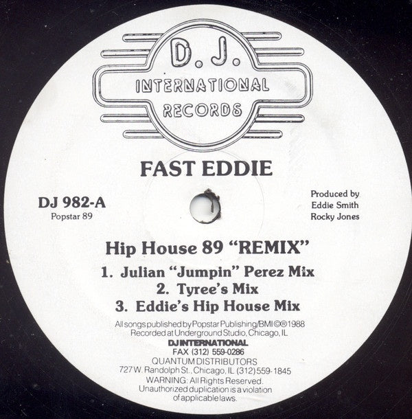 Fast Eddie ‎– Hip House (89 "Remix") - VG 12" Single Record 1989 D.J. International USA Vinyl - Chicago House / Acid House - Shuga Records