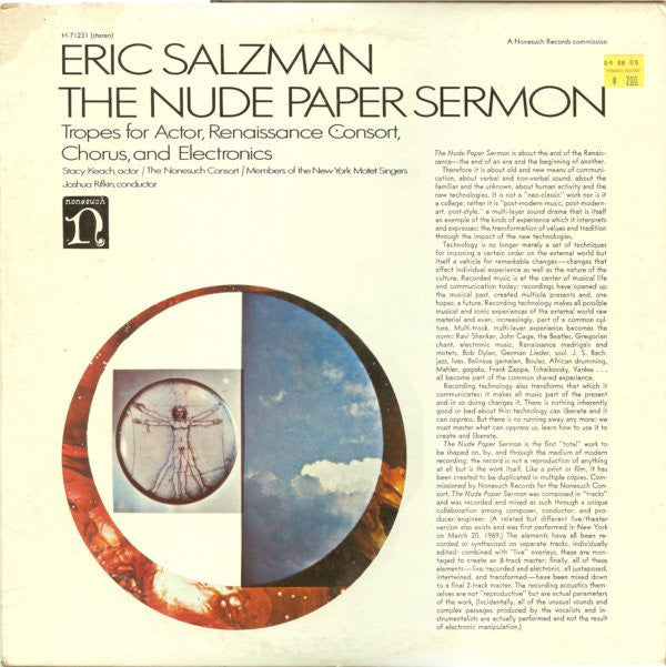 Eric Salzman - The Nude Paper Sermon - VG+ 1969 Stereo USA Original Press - Electronic/Classical/Experimental