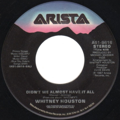 Whitney Houston - Didn't We Almost Have It All / Shock Me - VG+ 7" Single 45 Record 1987 USA - Soul