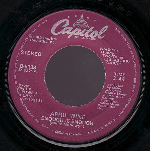 April Wine ‎– Enough Is Enough / Ain't Got Your Love VG+ 7" Single 45 rpm 1982 Capitol USA - Hard Rock