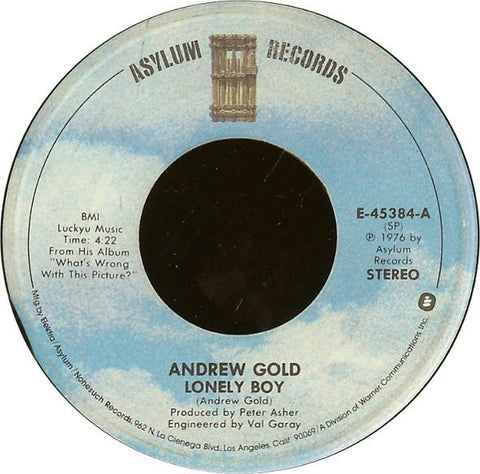 Andrew Gold- Lonely Boy / Must Be Crazy- VG+ 7" Single 45RPM- Asylum Records USA- Rock/Pop