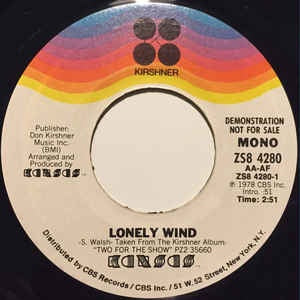 Kansas ‎– Lonely Wind – 7" Promo Single 45RPM 1978 Kirshner USA - Classic Rock - Shuga Records