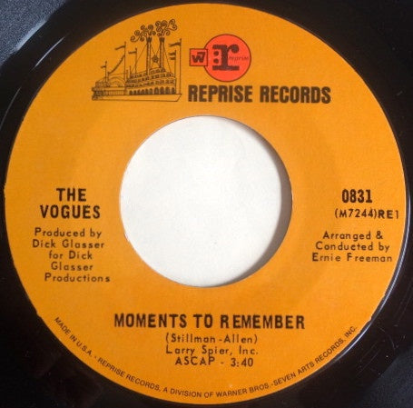 The Vogues ‎– Moments To Remember / Once In A While - VG+ 45rpm 1969 USA - Pop / Vocal - Shuga Records