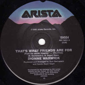 Dionne Warwick - That's What Friends Are For / Two Ships Passing In The Night - VG+ 7" Single 45RPM 1985 USA - Funk / Soul