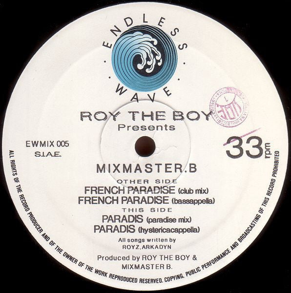 Roy The Boy Presents Mixmaster.B ‎– French Paradise - VG+ 12" Single 1990 Italy - Italo House - Shuga Records
