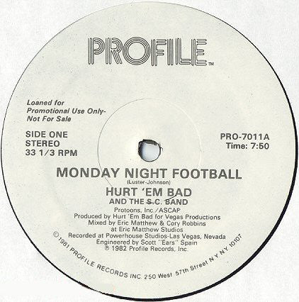 Hurt 'Em Bad And The S.C. Band - Monday Night Football VG+ - 12" Single 1982 Profile USA - Funk/Soul