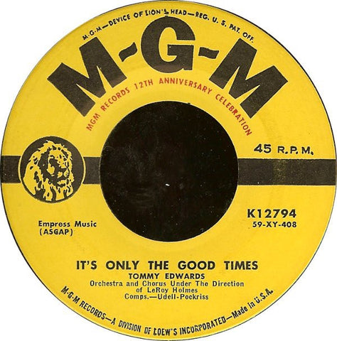 Tommy Edwards ‎– My Melancholy Baby / It's Only The Good Times - VG+ 45rpm 1959 USA MGM Records - Jazz / Pop