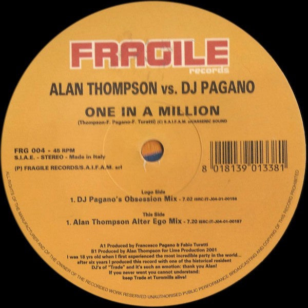Alan Thompson vs. DJ Pagano ‎– One In A Million - VG 12" Single Record 2001 Import Italy Original Vinyl - House - Shuga Records
