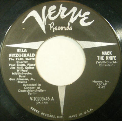Ella Fitzgerald & The Paul Smith Quartet ‎– Mack The Knife / Lorelei - VG 45rpm 1960 USA - Jazz