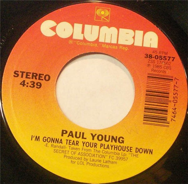 Paul Young - I'm Gonna Tear Your Playhouse Down / Broken Man (Live) - VG+ 7" Single 45RPM 1985 Columbia USA - Rock - Shuga Records
