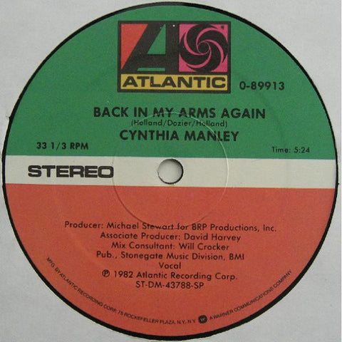 Cynthia Manley ‎- Back In My Arms Again - VG+ 12" Single 1982 USA - Synth Pop