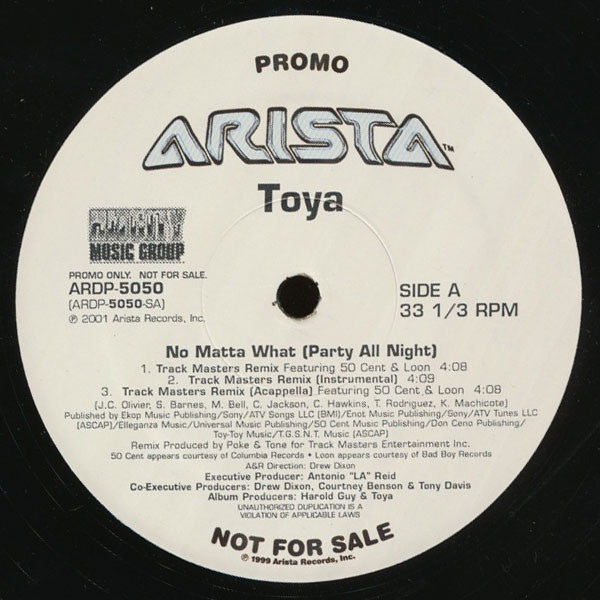 Toya ‎– No Matta What (Party All Night) - M- 12" Promo Single 1999 Arista USA - Hip Hop / R&B