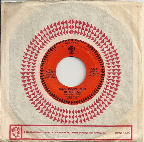 Vic Damone ‎– Why Don't You Believe Me / The Thrill Of Lovin' You VG+ 7" Single 45 rpm 1965 Warner USA - Pop
