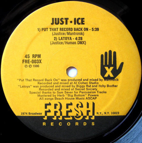 Just-Ice - Put That Record Back On VG- - 12" Single 1986 Fresh USA - Hip Hop