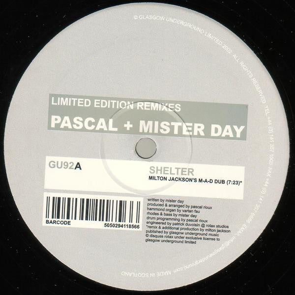 Pascal + Mister Day - Shelter (Remixes) - VG+ 12" Single (UK Import) 2002 - Deep House - Shuga Records
