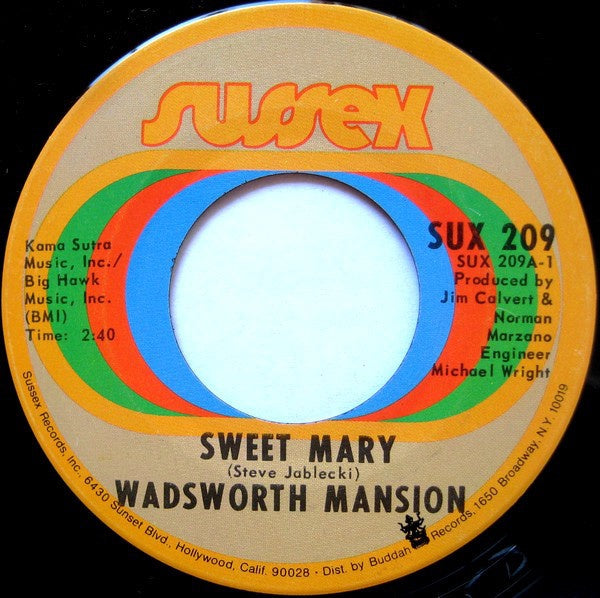 Wadsworth Mansion ‎– Sweet Mary / What's On Tonight - VG 45rpm 1970 USA - Pop Rock - Shuga Records