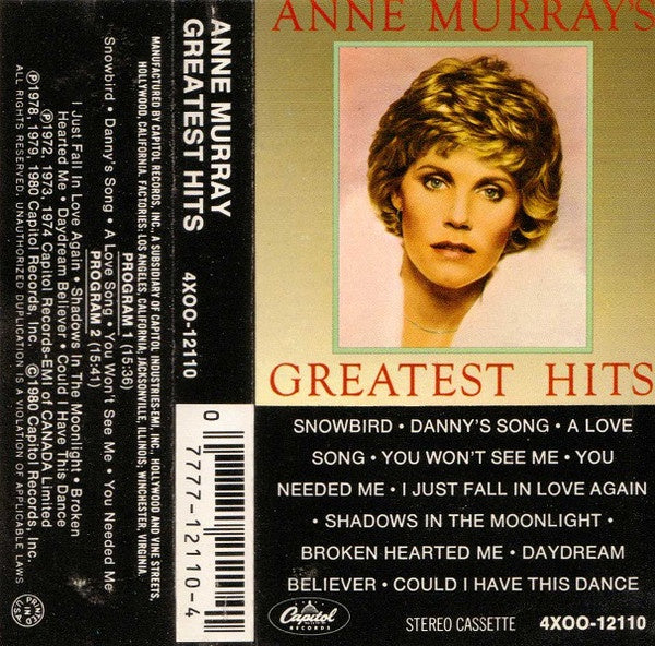 Anne Murray ‎– Greatest Hits - Used Cassette 1980 Capitol Tape - Country - Shuga Records