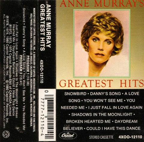 Anne Murray ‎– Greatest Hits - Used Cassette 1980 Capitol Tape - Country