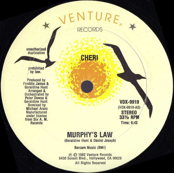 Cheri ‎- Murphy's Law - VG+ 12" Single Record 1982 Venture USA Vinyl - Disco