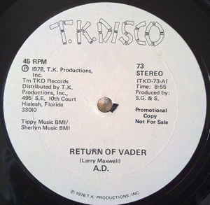A.D. - Return Of Vader - VG+ 12" Single Record 1978 T.K. Disco USA Promo Vinyl - Disco / Funk - Shuga Records
