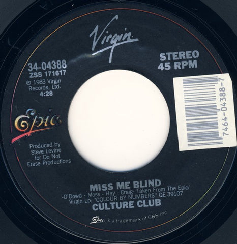 Culture Club ‎– Miss Me Blind / Colour by Numbers - Mint- 45rpm 1984 Epic Records - Rock / Pop