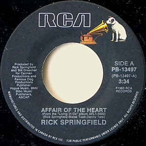 Rick Springfield- Affair Of The Heart / Like Father, Like Son- VG+ 7" Single 45RPM- 1983 RCA USA- Rock/Pop - Shuga Records